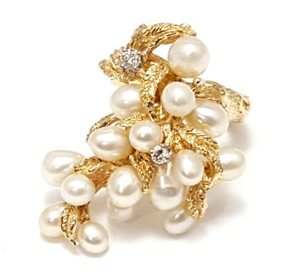 14K Solid Yellow Gold Designer Tree Cluster Diamond & Pearl Ring