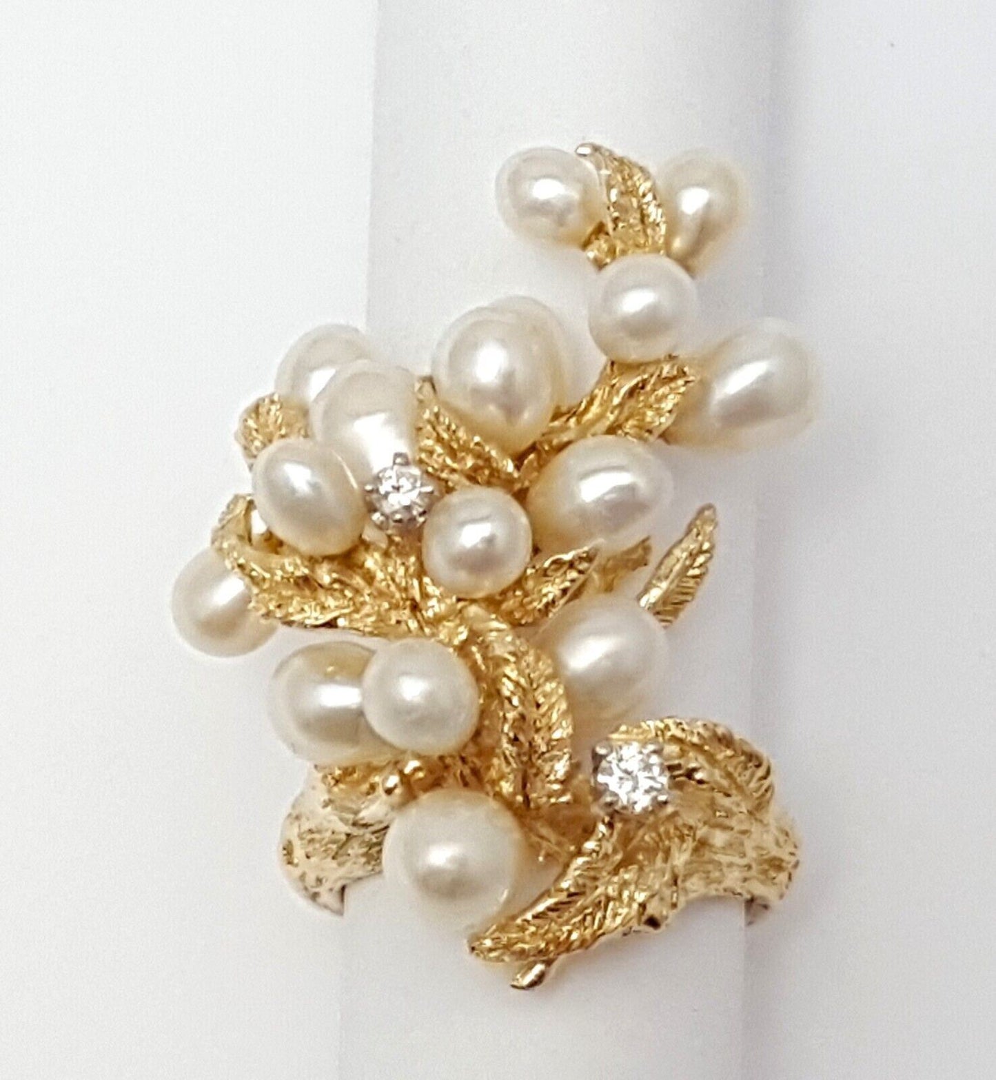 14K Solid Yellow Gold Designer Tree Cluster Diamond & Pearl Ring