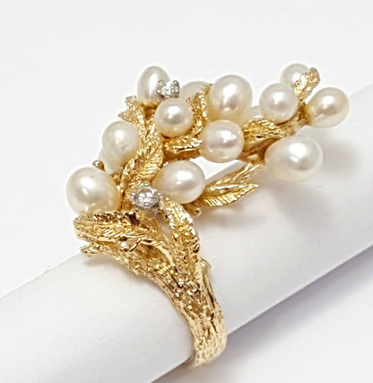 14K Solid Yellow Gold Designer Tree Cluster Diamond & Pearl Ring