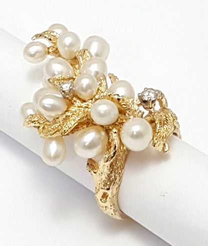 14K Solid Yellow Gold Designer Tree Cluster Diamond & Pearl Ring