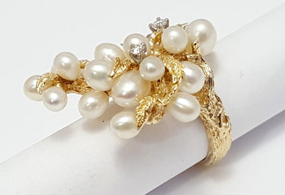 14K Solid Yellow Gold Designer Tree Cluster Diamond & Pearl Ring