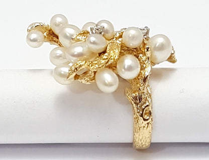 14K Solid Yellow Gold Designer Tree Cluster Diamond & Pearl Ring