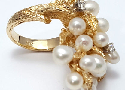 14K Solid Yellow Gold Designer Tree Cluster Diamond & Pearl Ring