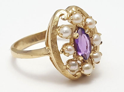 14K  Solid Yellow Gold Designer Pearl & Amethyst Ring