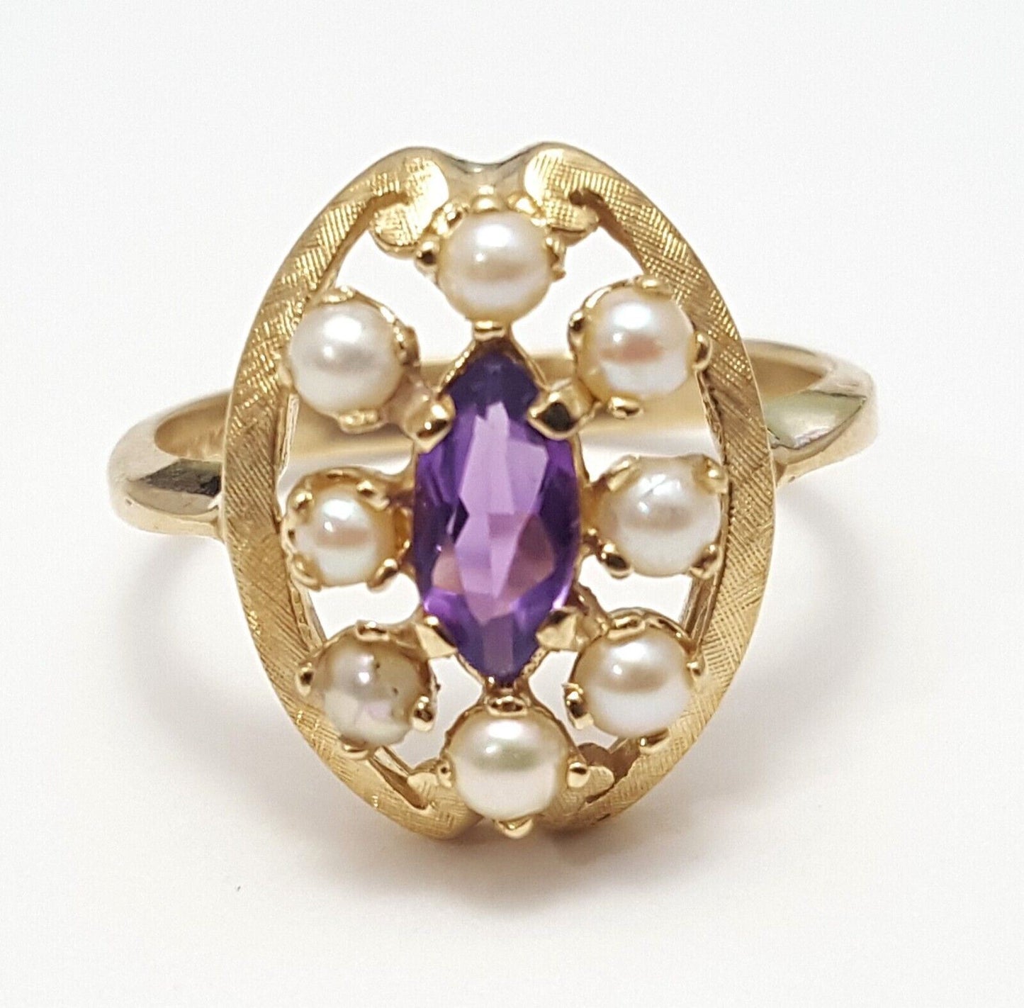 14K  Solid Yellow Gold Designer Pearl & Amethyst Ring