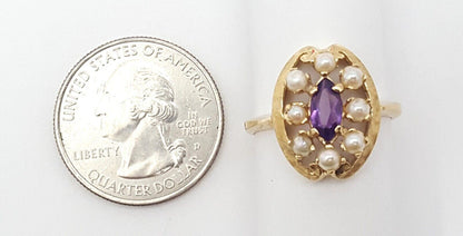 14K  Solid Yellow Gold Designer Pearl & Amethyst Ring