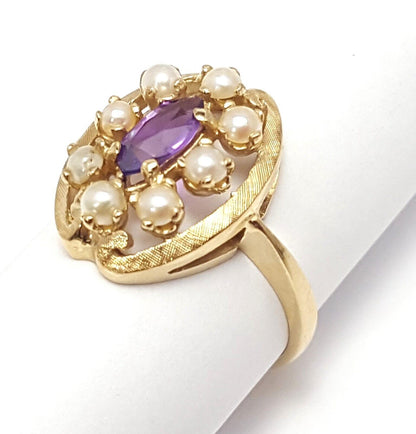 14K  Solid Yellow Gold Designer Pearl & Amethyst Ring