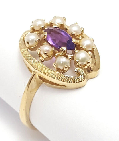 14K  Solid Yellow Gold Designer Pearl & Amethyst Ring