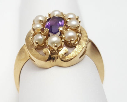 14K  Solid Yellow Gold Designer Pearl & Amethyst Ring