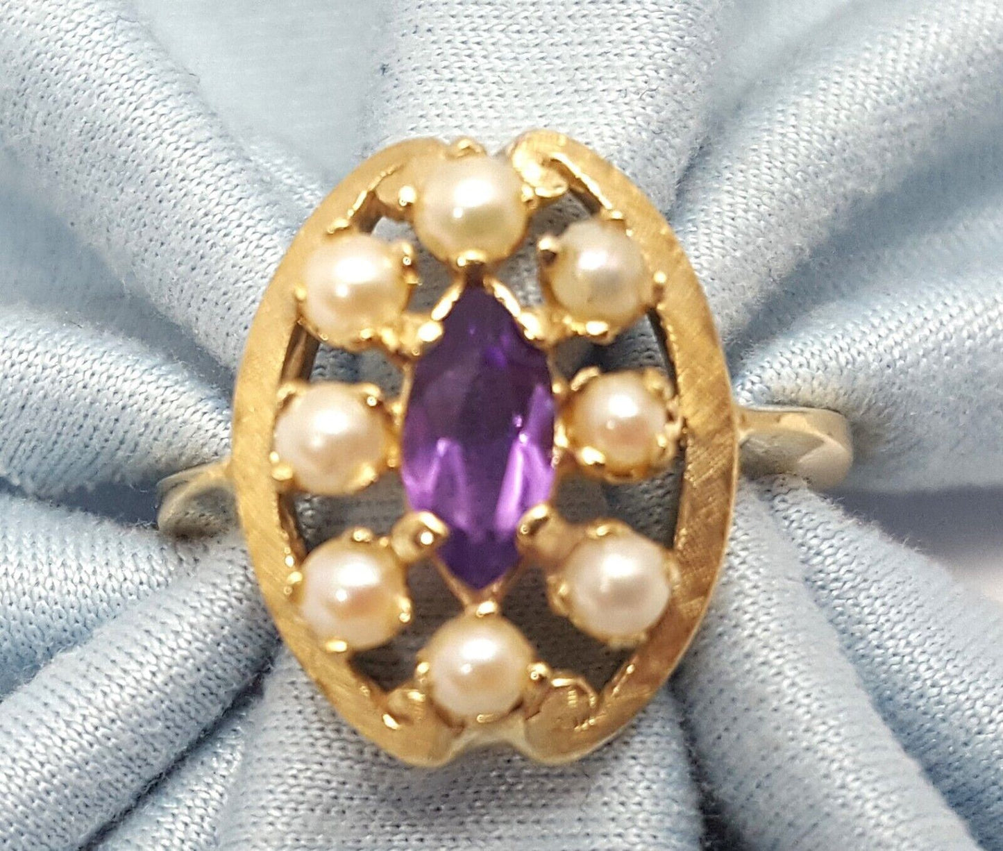 14K  Solid Yellow Gold Designer Pearl & Amethyst Ring