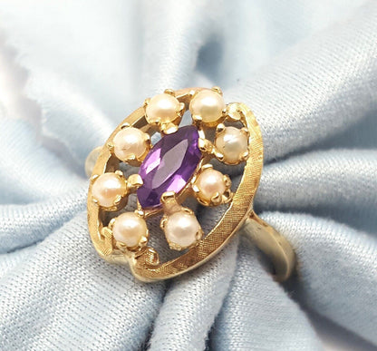 14K  Solid Yellow Gold Designer Pearl & Amethyst Ring