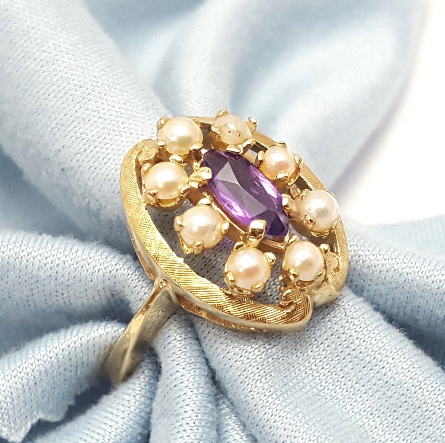 14K  Solid Yellow Gold Designer Pearl & Amethyst Ring