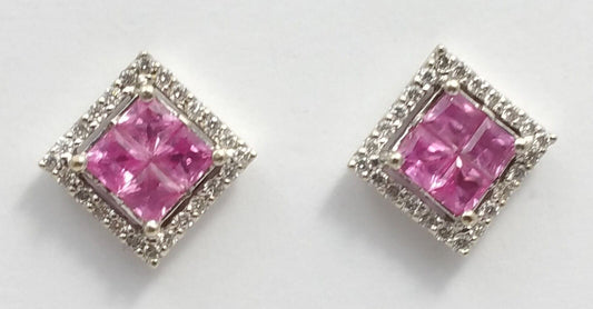 18K White Gold Square Diamond and Tourmaline Stud Earrings