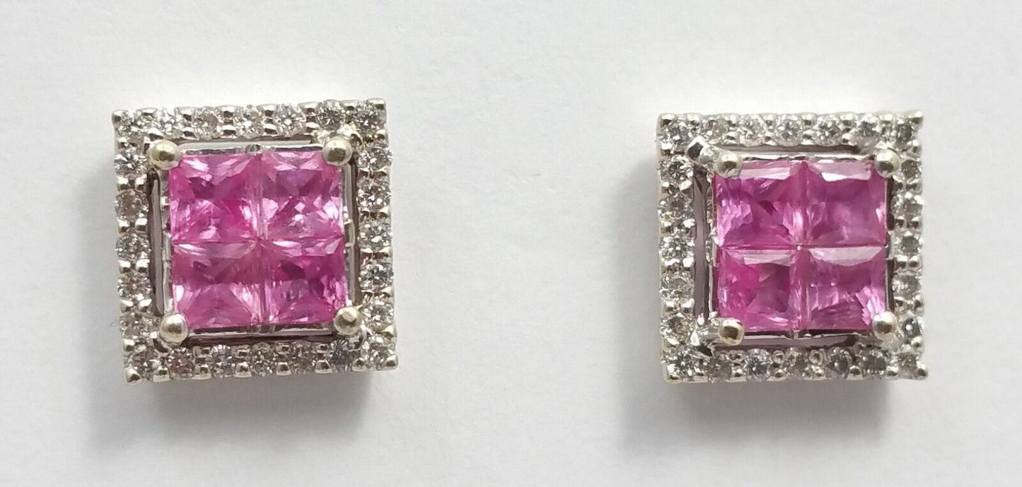 18K White Gold Square Diamond and Tourmaline Stud Earrings