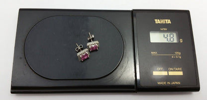 18K White Gold Square Diamond and Tourmaline Stud Earrings