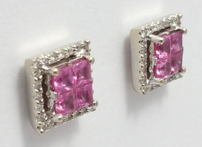 18K White Gold Square Diamond and Tourmaline Stud Earrings