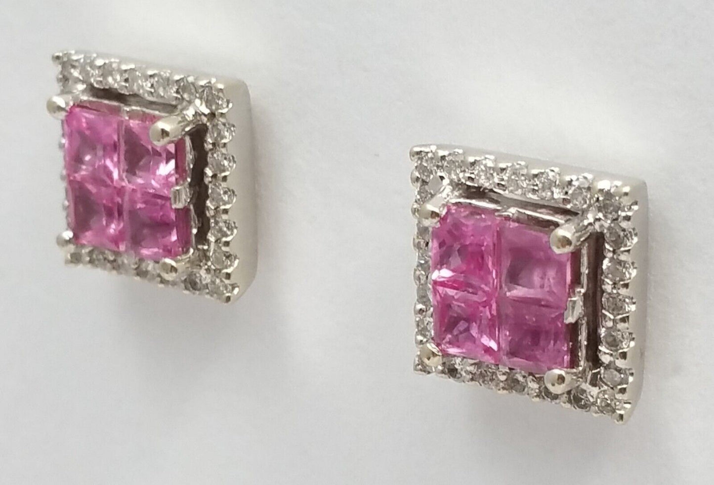 18K White Gold Square Diamond and Tourmaline Stud Earrings