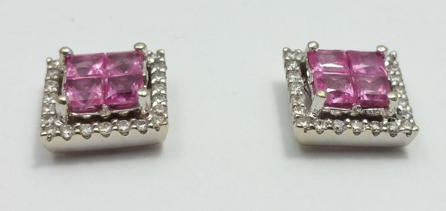 18K White Gold Square Diamond and Tourmaline Stud Earrings