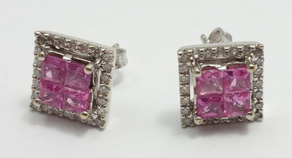 18K White Gold Square Diamond and Tourmaline Stud Earrings