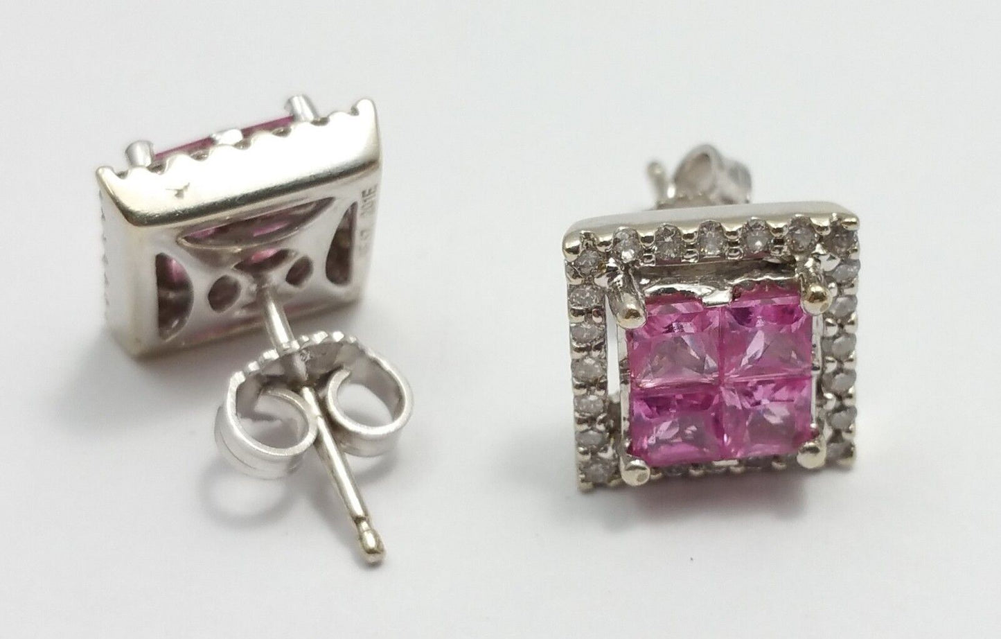 18K White Gold Square Diamond and Tourmaline Stud Earrings