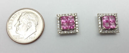 18K White Gold Square Diamond and Tourmaline Stud Earrings