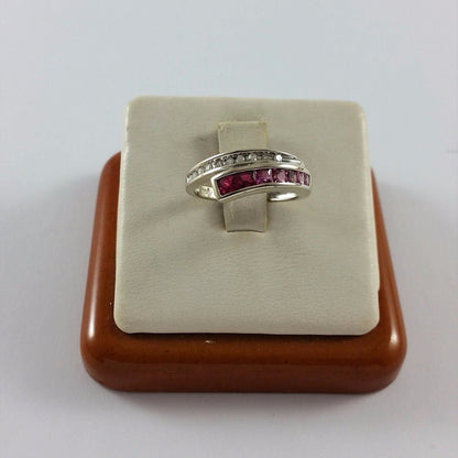 Pristine 10K Solid White Gold Red Tourmaline & Diamonds Ring