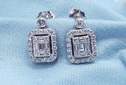 14K White Gold Designer Square Diamond Stud Earrings & Backings