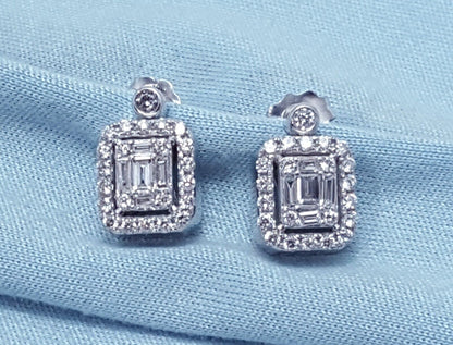 14K White Gold Designer Square Diamond Stud Earrings & Backings