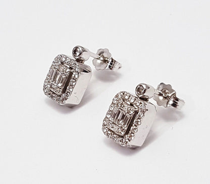 14K White Gold Designer Square Diamond Stud Earrings & Backings