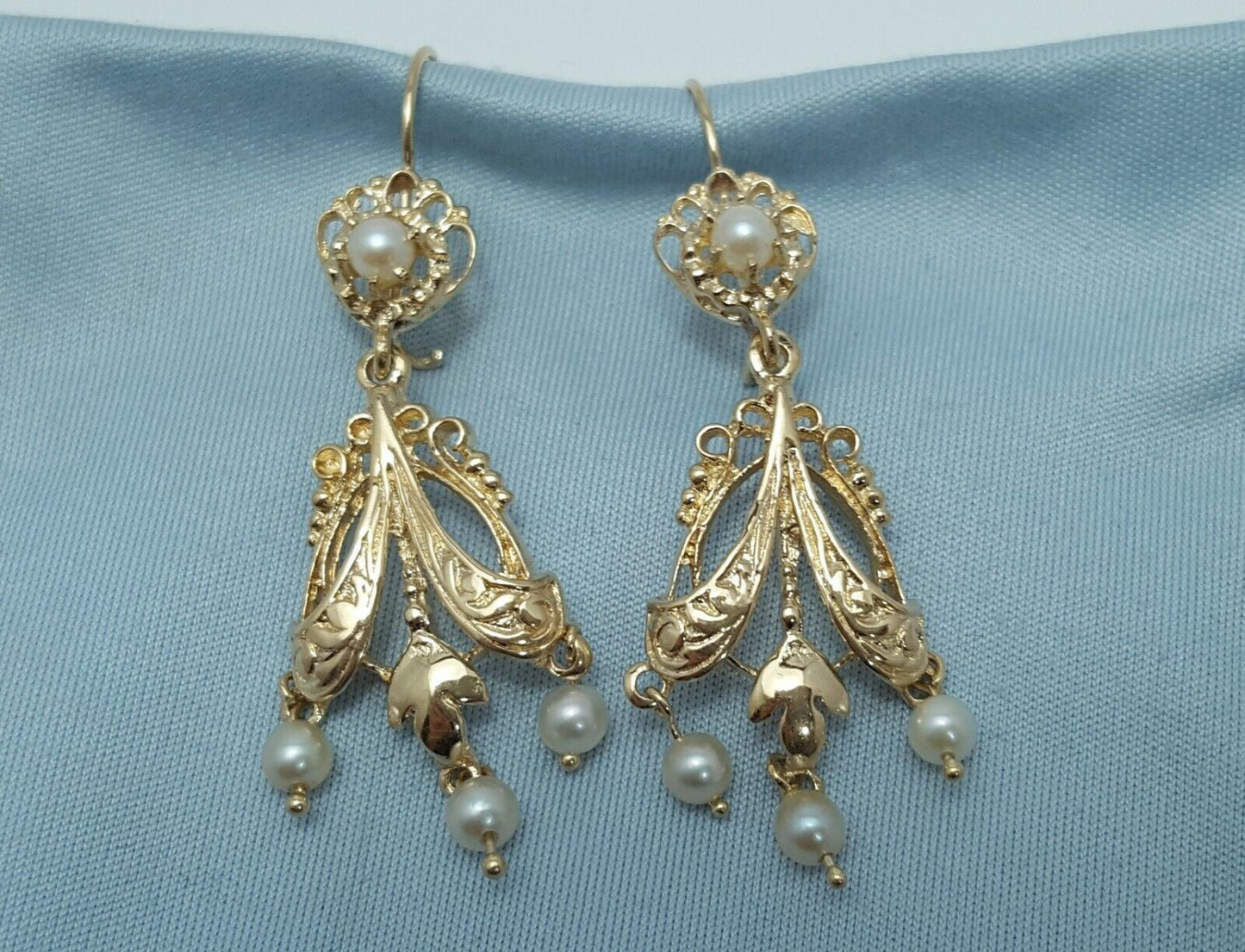 14K Yellow Gold Designer Dangle Hanging Pearl Earrings