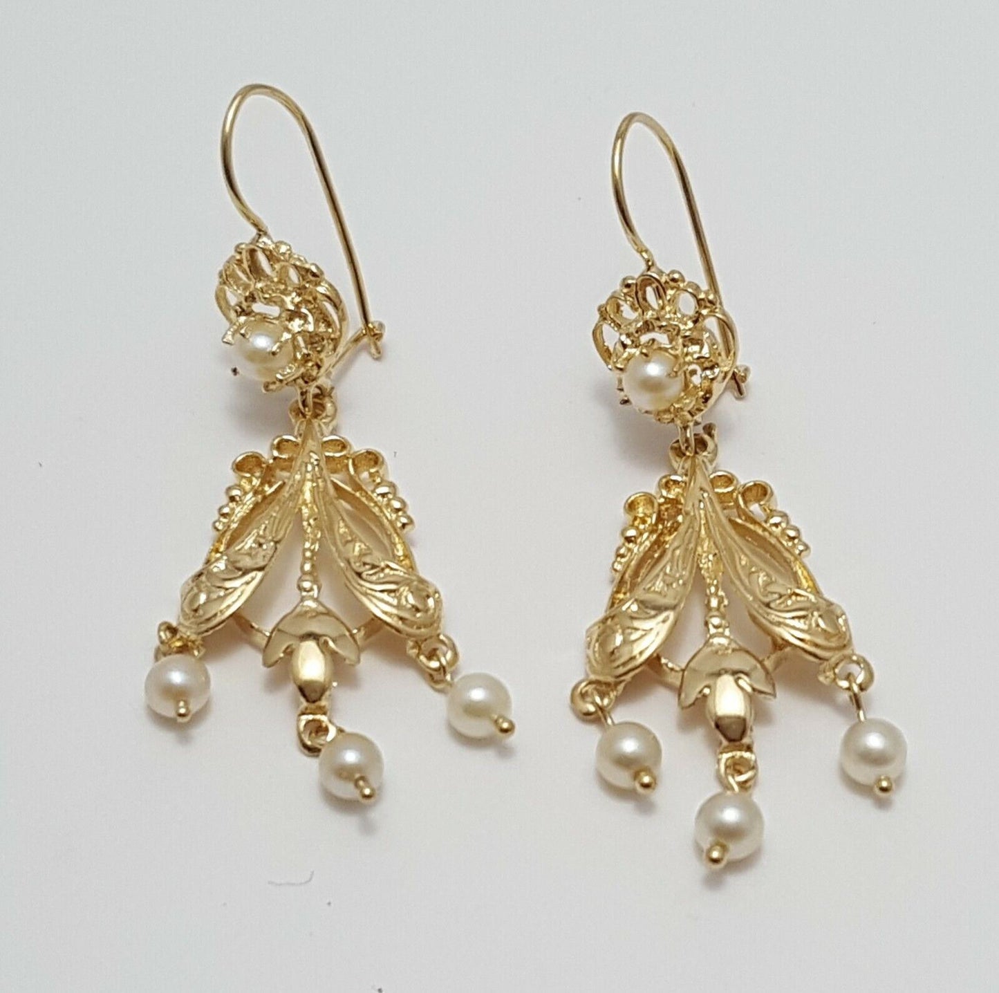 14K Yellow Gold Designer Dangle Hanging Pearl Earrings