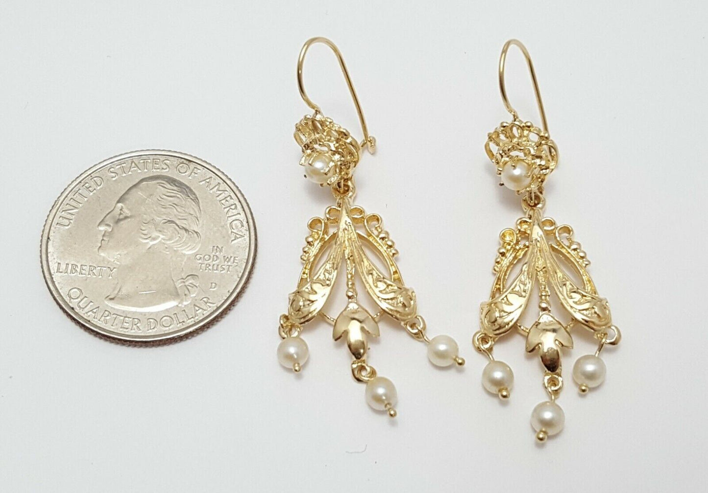 14K Yellow Gold Designer Dangle Hanging Pearl Earrings