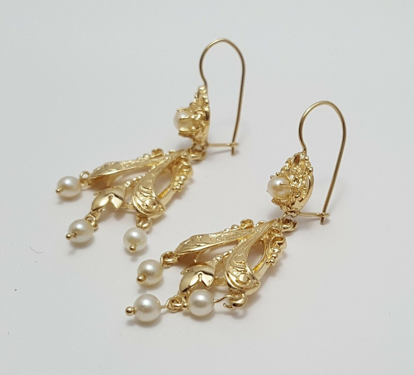 14K Yellow Gold Designer Dangle Hanging Pearl Earrings