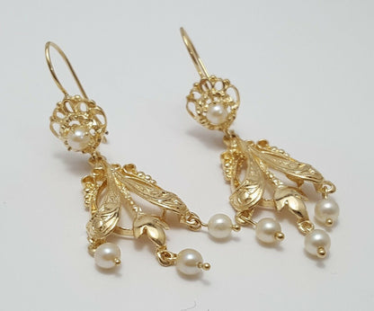 14K Yellow Gold Designer Dangle Hanging Pearl Earrings