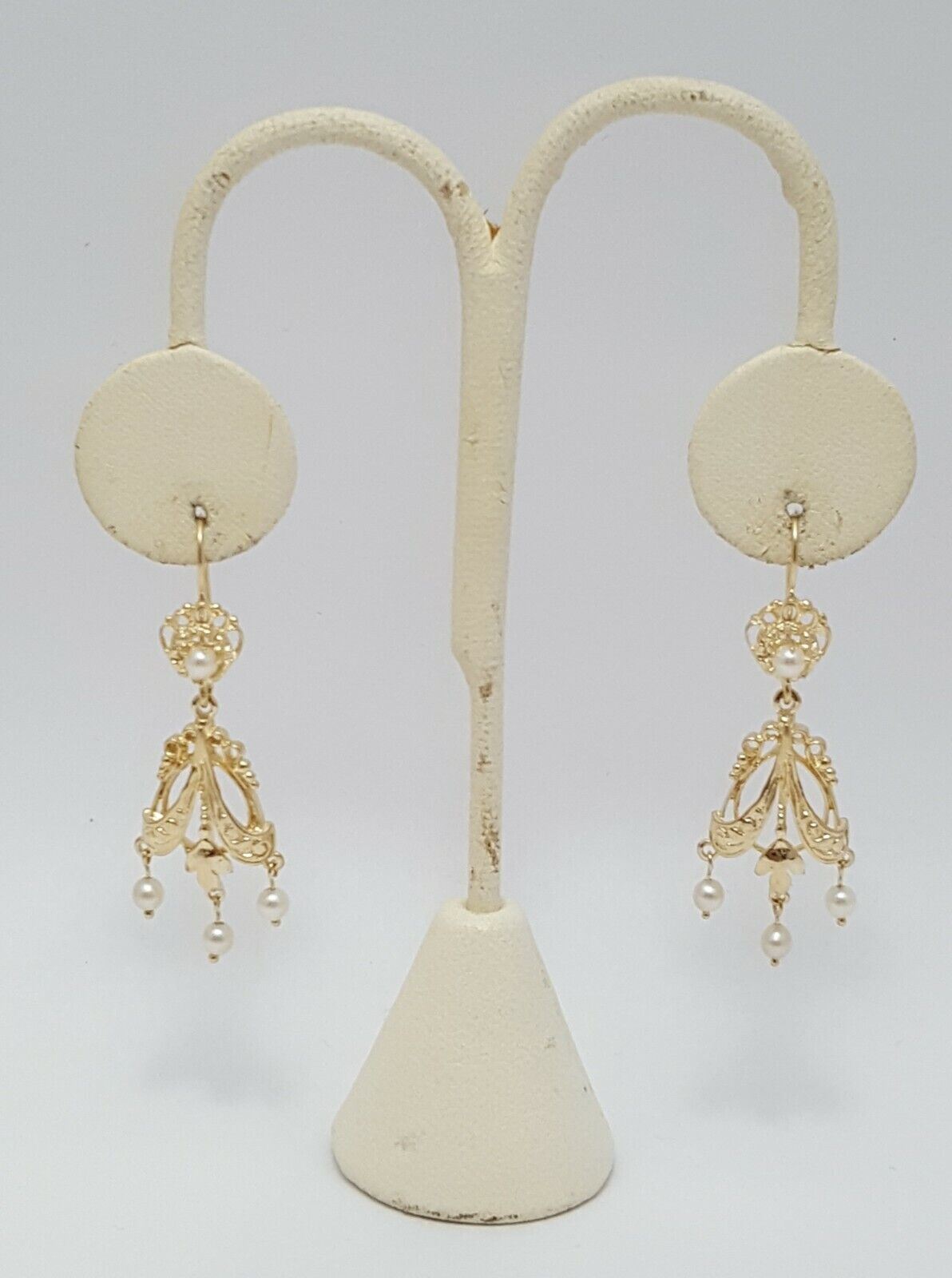 14K Yellow Gold Designer Dangle Hanging Pearl Earrings