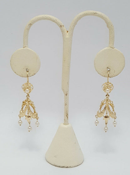 14K Yellow Gold Designer Dangle Hanging Pearl Earrings