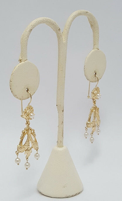 14K Yellow Gold Designer Dangle Hanging Pearl Earrings