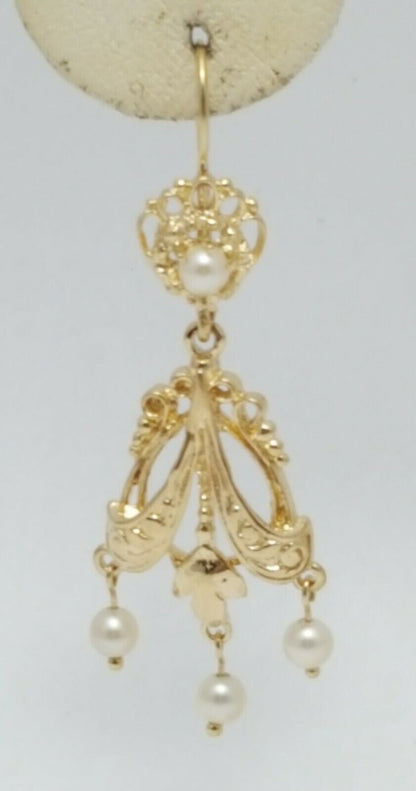 14K Yellow Gold Designer Dangle Hanging Pearl Earrings