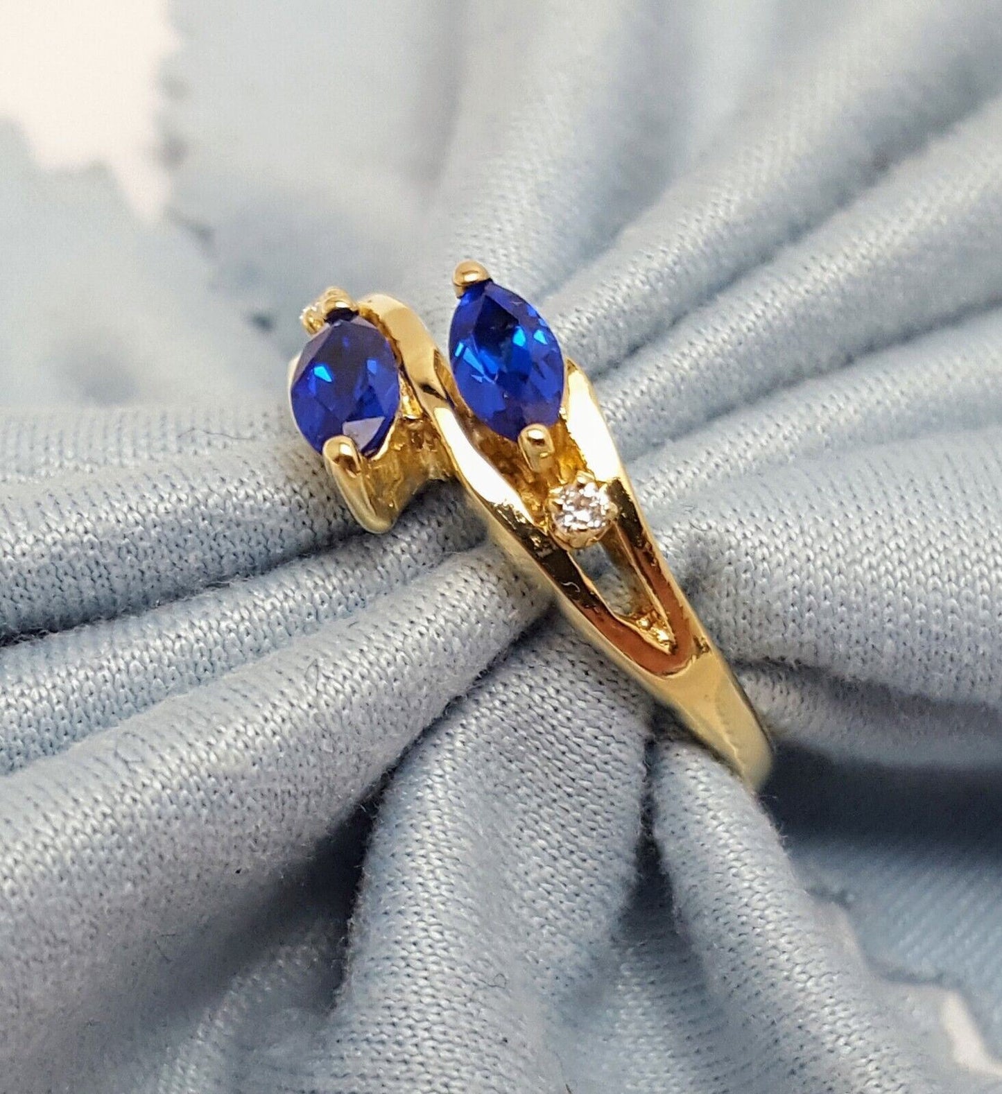 14K Solid Yellow Gold Designer Cubic Zirconia & Synthetic Sapphire Ring