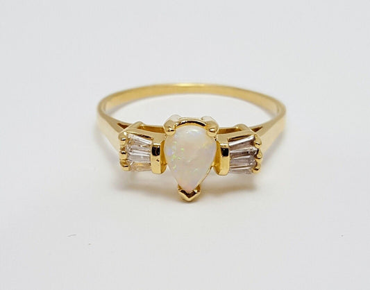 14K  Solid Yellow Gold Designer Opal & Cubic Zirconia Ring