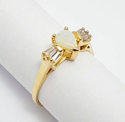 14K  Solid Yellow Gold Designer Opal & Cubic Zirconia Ring