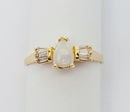 14K  Solid Yellow Gold Designer Opal & Cubic Zirconia Ring