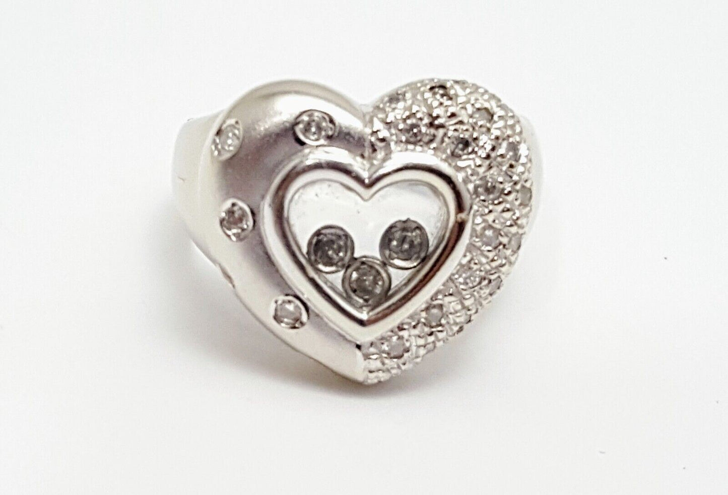 14K Solid White Gold Ladies Designer Motion Heart Diamond Ring