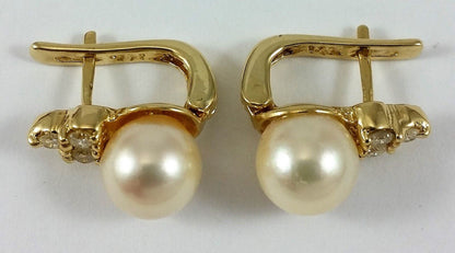 14K Yellow Gold Designer Pearl & Diamond Earrings