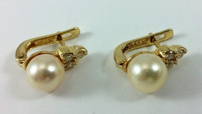 14K Yellow Gold Designer Pearl & Diamond Earrings