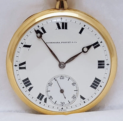 Audemars Piguet Open Face 8s 21J 18k Yellow Gold Subdial 17504 Pocket Watch