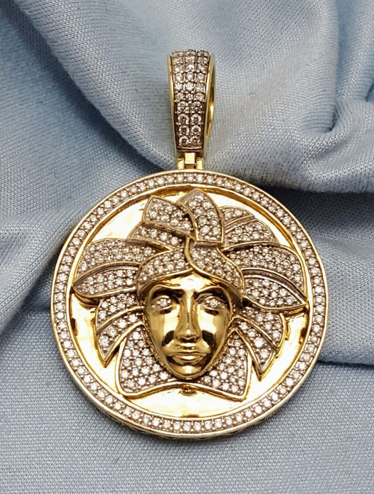 10K Solid Yellow Gold Circular Medusa Versace Diamond Charm Pendant