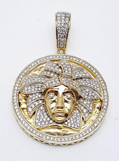 10K Solid Yellow Gold Circular Medusa Versace Diamond Charm Pendant