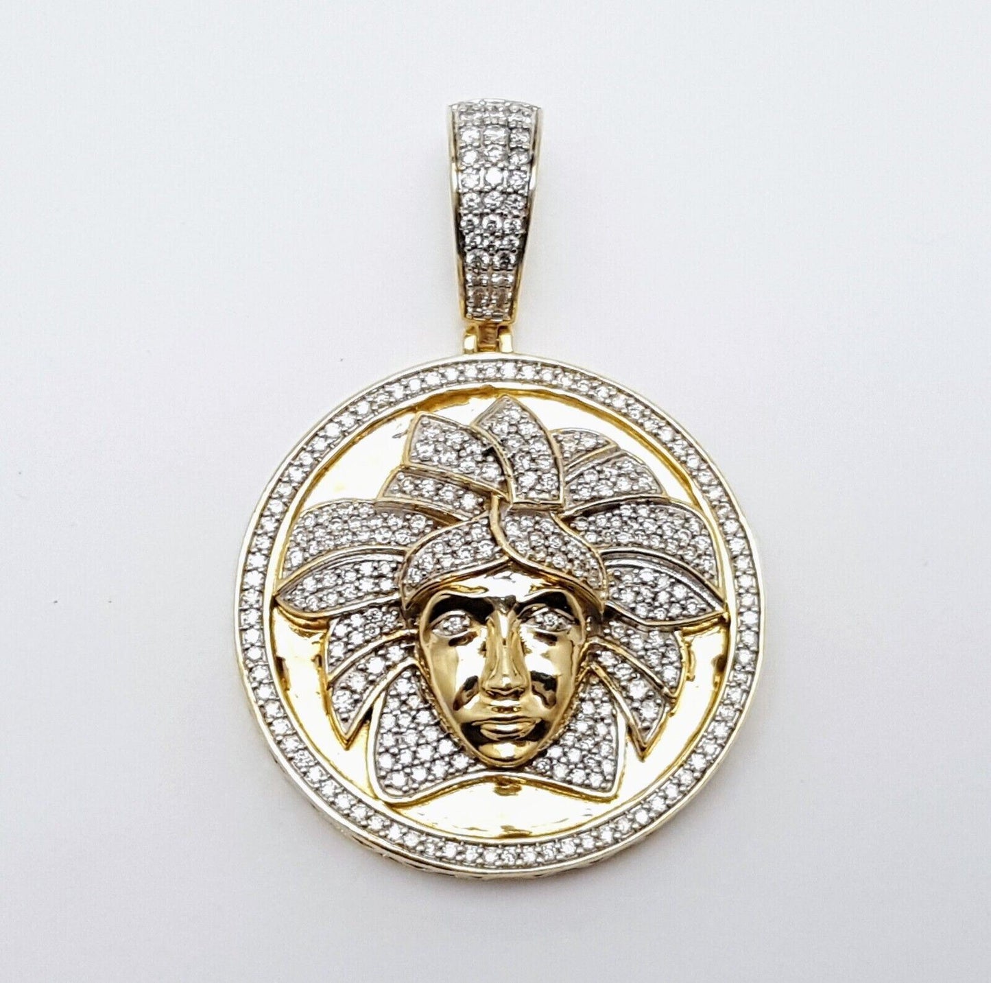 10K Solid Yellow Gold Circular Medusa Versace Diamond Charm Pendant