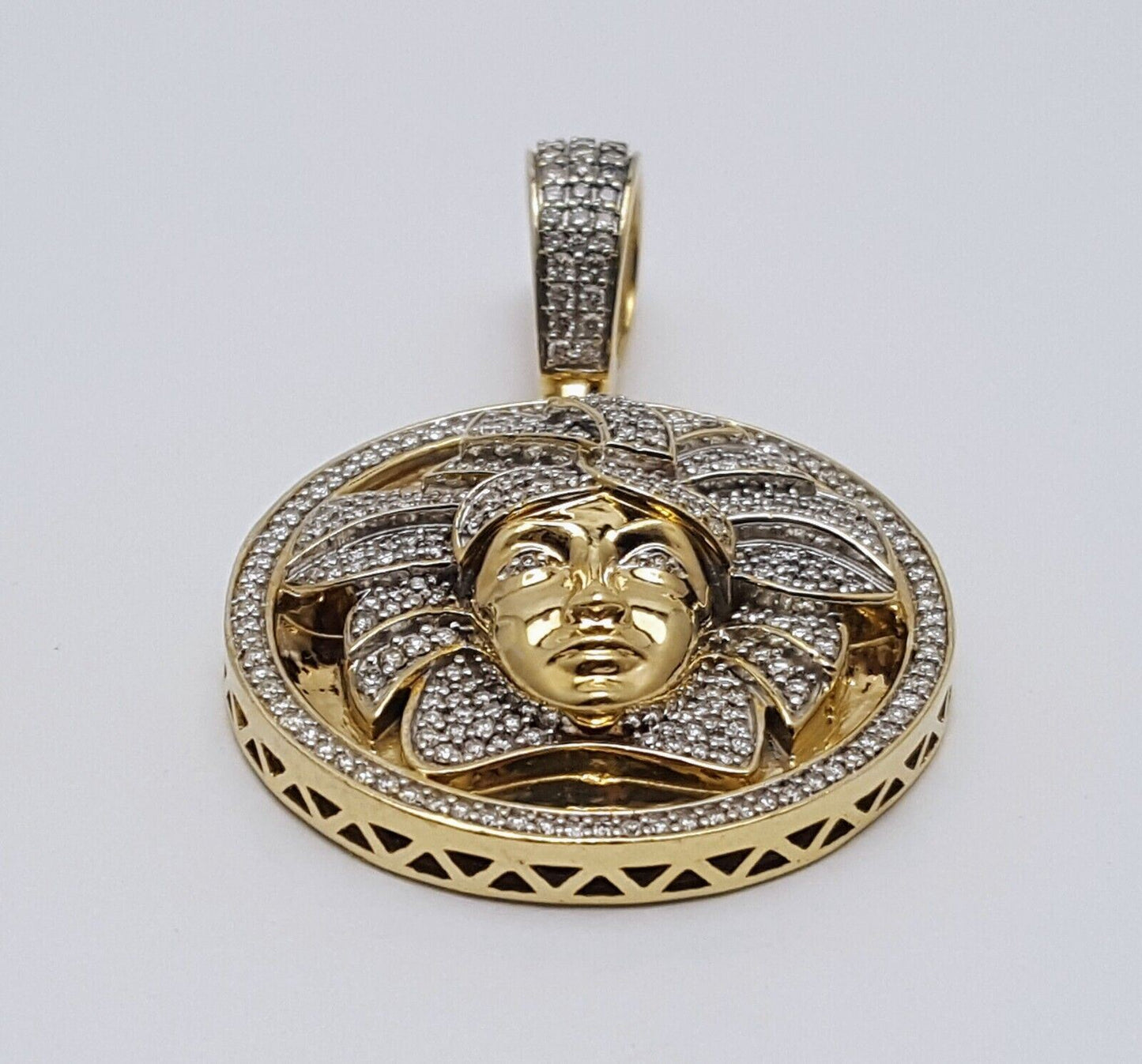 10K Solid Yellow Gold Circular Medusa Versace Diamond Charm Pendant